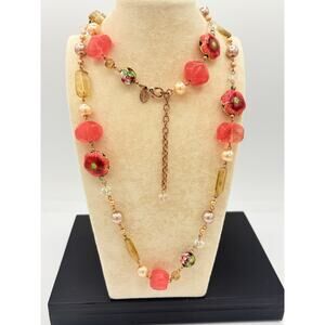 Vintage Mixed Bead Statement Necklace -Cloisonné Floral and Pink Faceted Beads